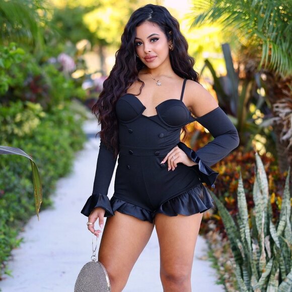 Injoo Semi-Stretch Off Shoulder Adjustable strap Romper Black - Picture 5 of 5